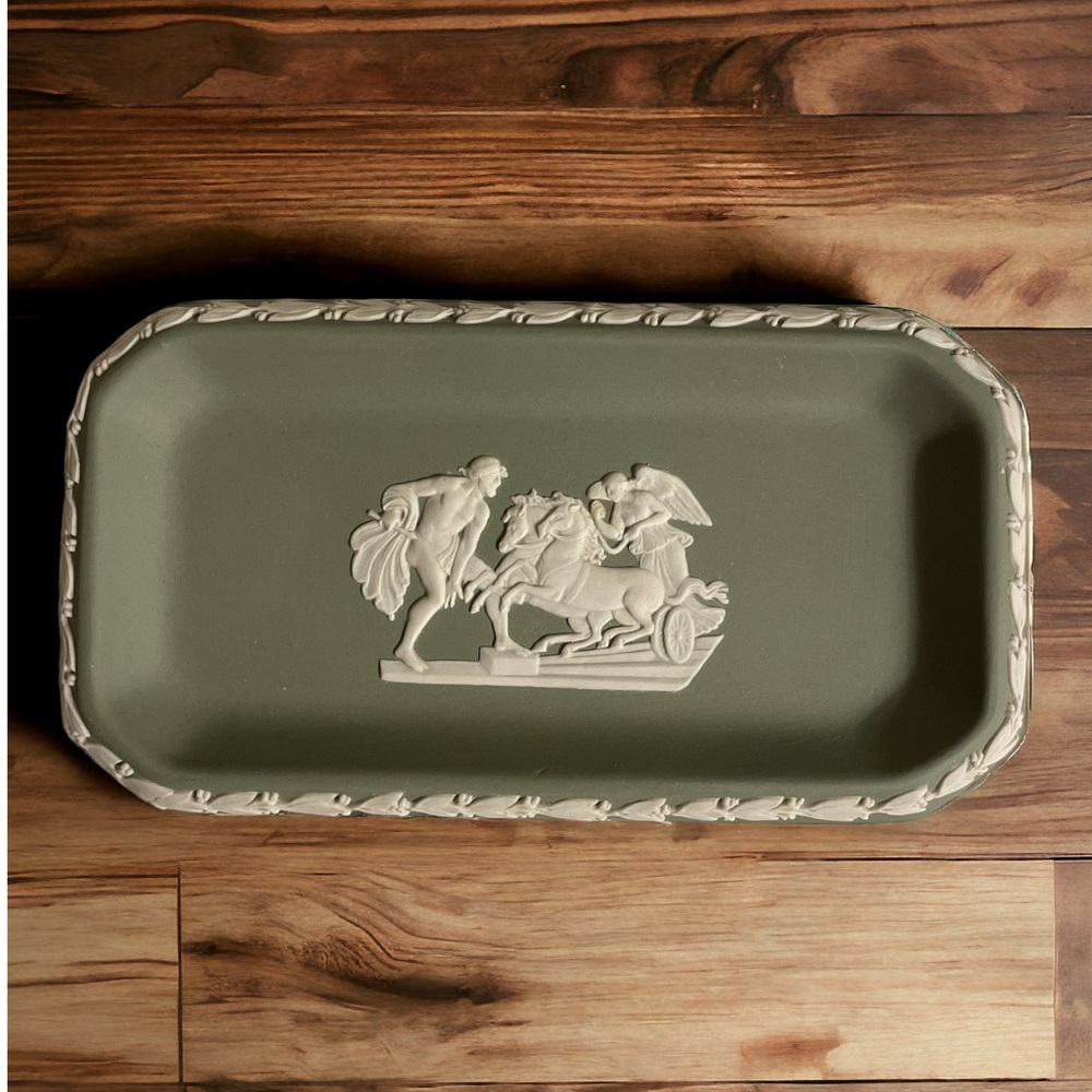 Wedgwood Sage Green Oval Jasperware Tray with White Relief